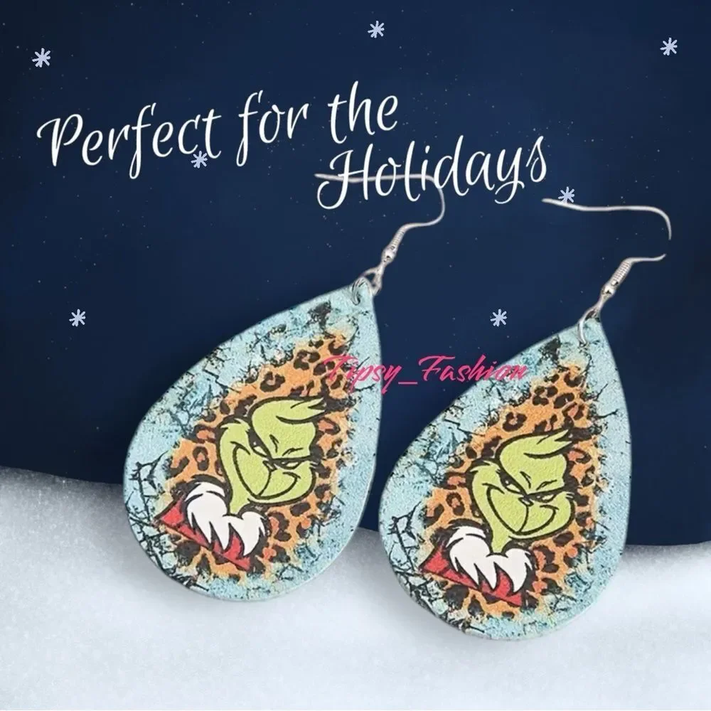 Grinch Leopard Print Teardrop Christmas Earrings Holiday NWT